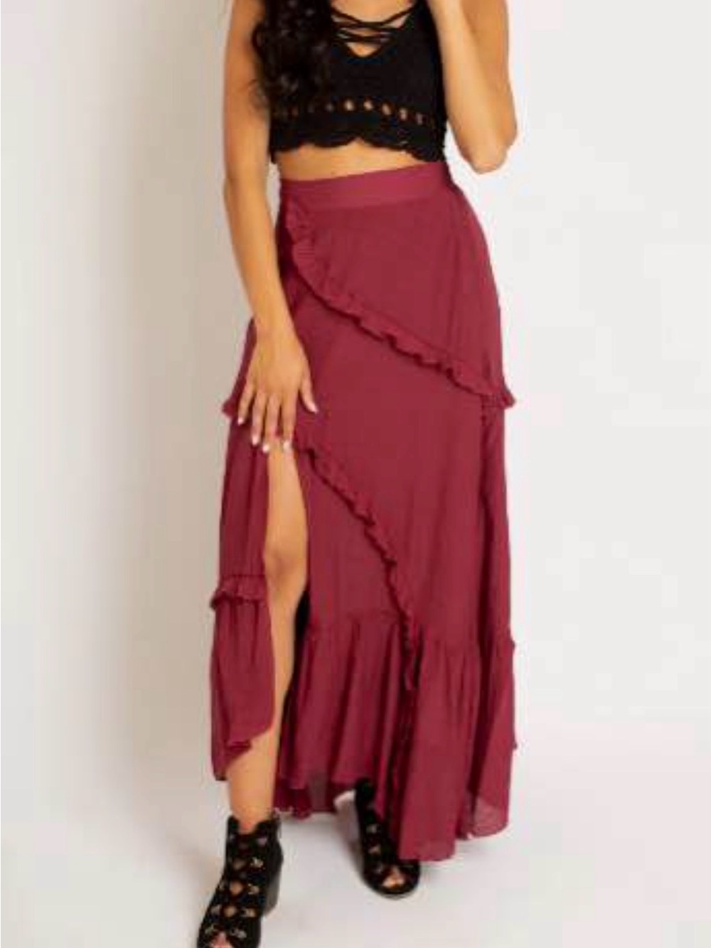 Joyfolie Burgundy Ruffled Maxi Skirt with Side Slit